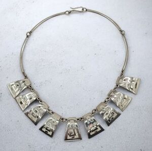 Vintage Alpaca Silver Abalone Inlay Greek Key Collar Necklace 15" Choker